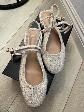 Zara Cream Tweed Square-Toe Ankle-Strap Flats